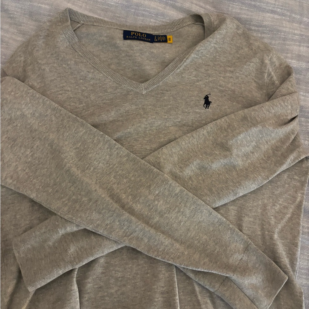 Ralph Lauren Gray V-Neck Sweater with Iconic Logo